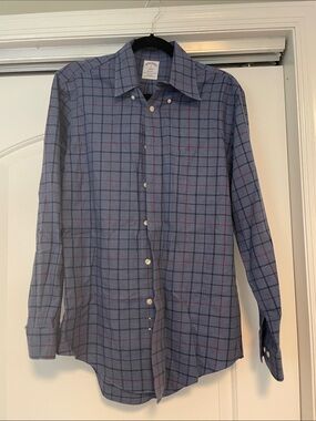 NWOT! Brooks Brothers Blue Windowpane Dress Shirt with Red Grid Size S